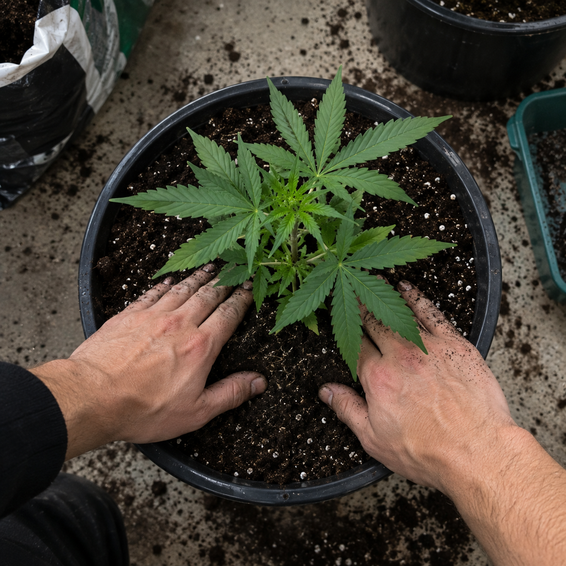 Kräftiger,  Hanf Steckling wird umgetopf von Forrest Grow.