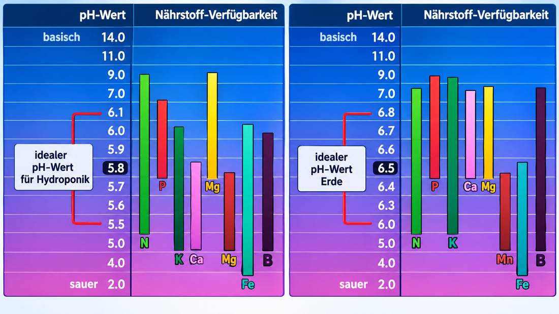 Tabelle zur Nährstoff-Verfügbarkeit bei Cannabis Idealer pH-Wert für Erde (6,0-6,8) und Hydroponik (5,5-6,1) im direkten Vergleich.